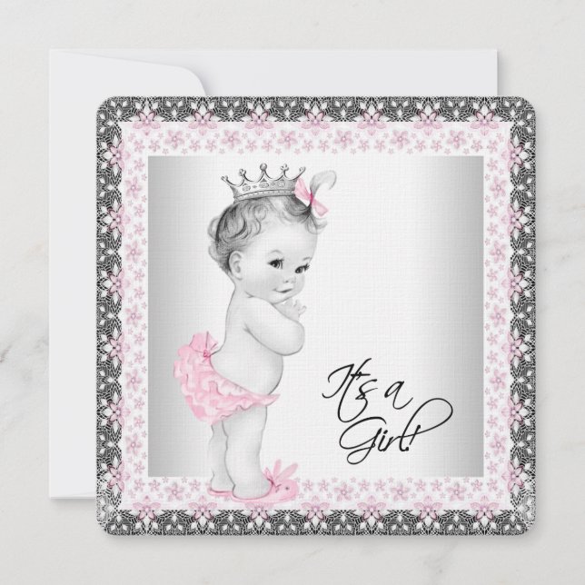 Pink and Gray Linen Baby Girl Shower Invitation (Front)