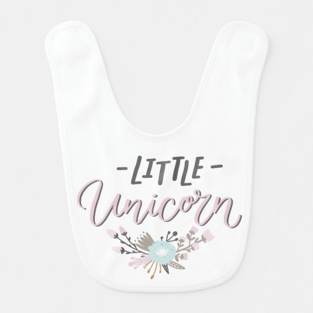 Pink and Gray Little Unicorn Hand Lettered Floral Baby Bib (Front)