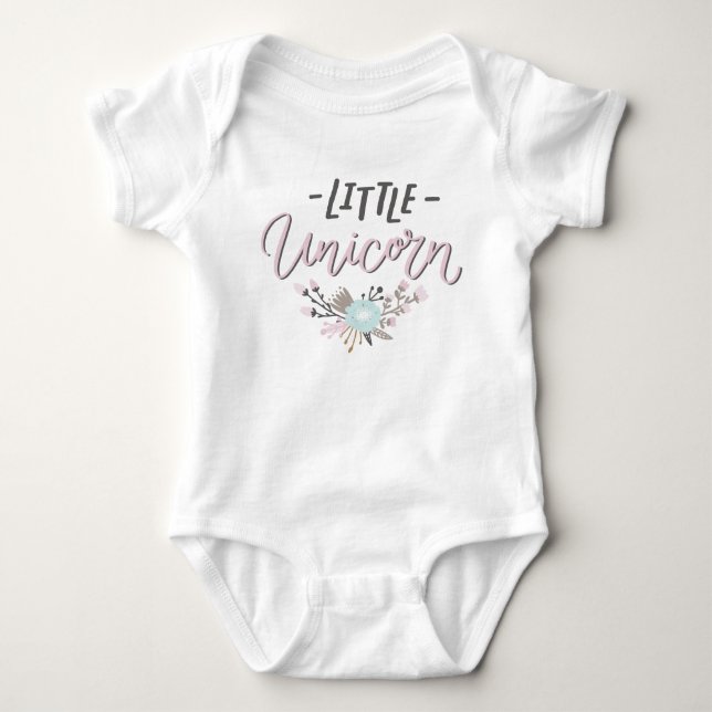 Pink and Gray Little Unicorn Hand Lettered Floral Baby Bodysuit (Front)