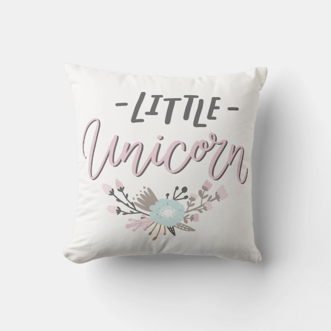 Pink and Gray Little Unicorn Hand Lettered Floral Throw Pillow (Front)
