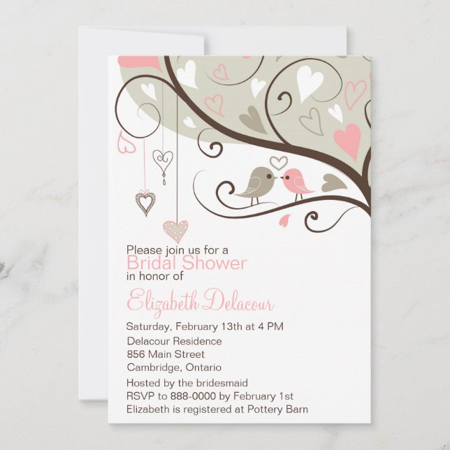 Pink and Gray Love Birds Bridal Shower Invitation (Front)