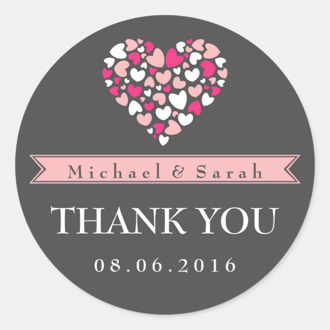 Pink and Gray Love Wedding Thank You Sticker (Front)