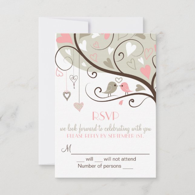 Pink and Gray Lovebird RSVP Wedding Card Invites (Front)