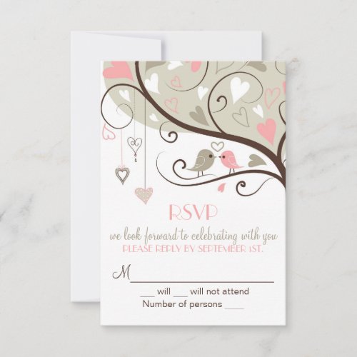 Pink and Gray Lovebird RSVP Wedding Card Invites
