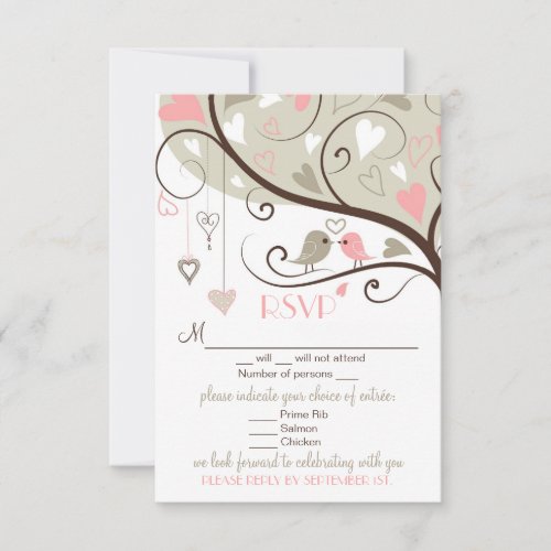 Pink and Gray Lovebirds RSVP Wedding Card
