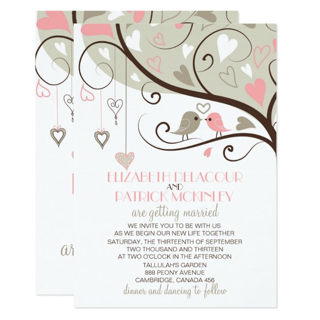 Pink And Gray Lovebirds Wedding Invitation