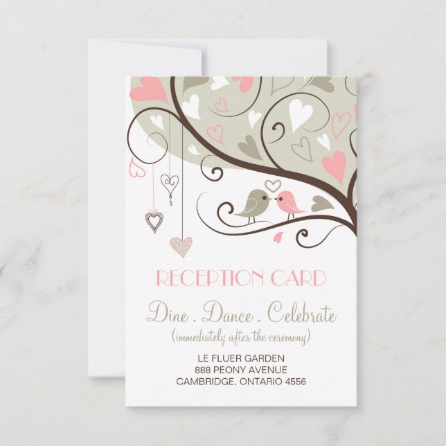 Pink and Gray Lovebirds Wedding Reception Card (Front)