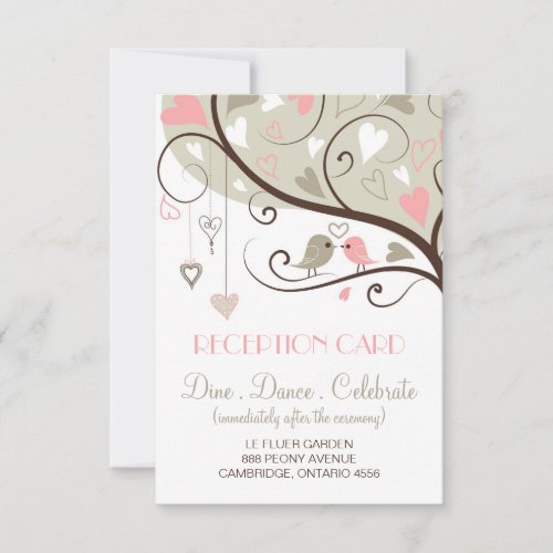 Pink and Gray Lovebirds Wedding Reception Card