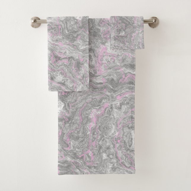 Pink and Gray Marble abstract Bath Towel Set (Insitu)