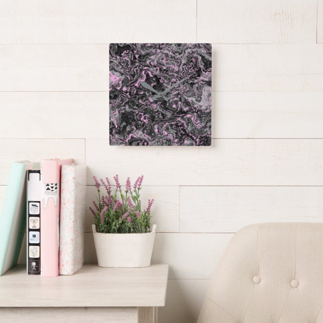 Pink and gray marble abstract square wall clock (Reading Room)