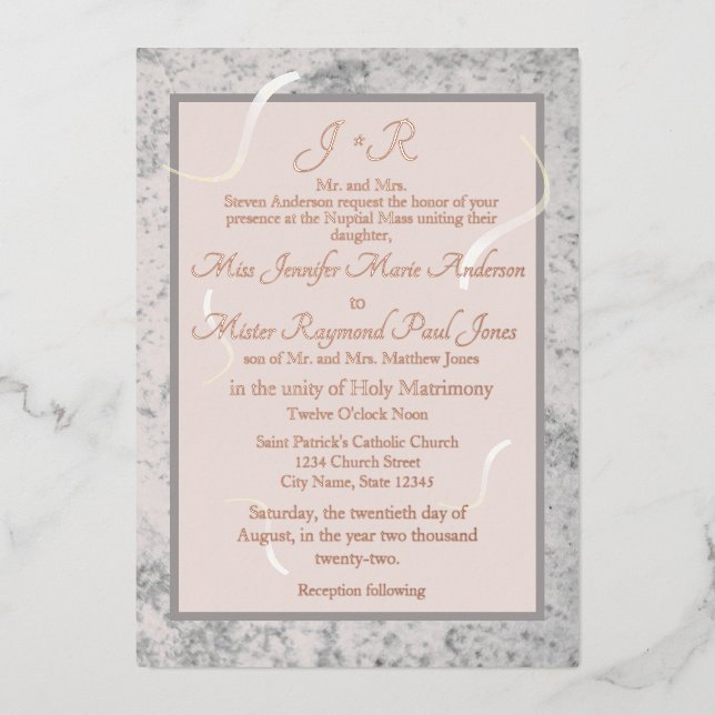 Pink and Gray Marble Traditional Catholic Wedding Foil Invitation (Front)
