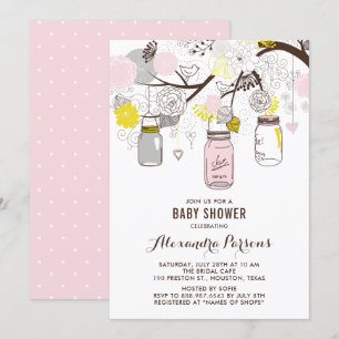 Pink and Gray Mason Jars and Flowers Baby Shower Invitation