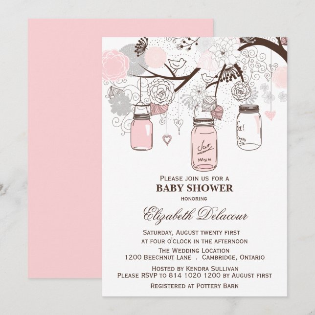 Pink and Gray Mason Jars Baby Shower Invitations (Front/Back)