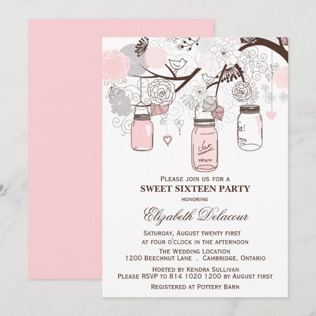 Pink and Gray Mason Jars Sweet Sixteen Invitation (Front/Back)