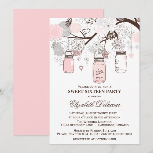 Pink and Gray Mason Jars Sweet Sixteen Invitation