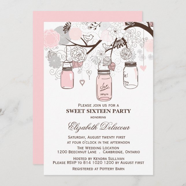 Pink and Gray Mason Jars Sweet Sixteen Invitation (Front/Back)