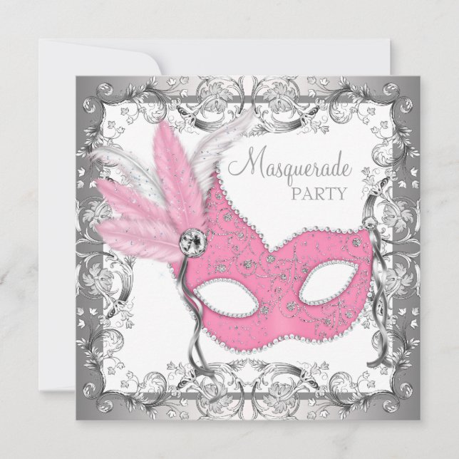 Pink and Gray Masquerade Party Invitation (Front)