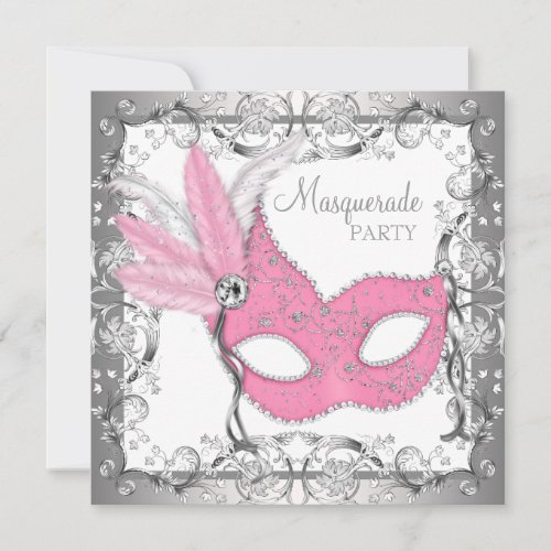 Pink and Gray Masquerade Party Custom Announcements
