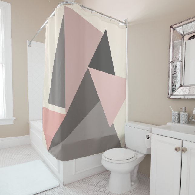 Pink and Gray Mid-century Modern  Geometric Shower Curtain (In Situ)