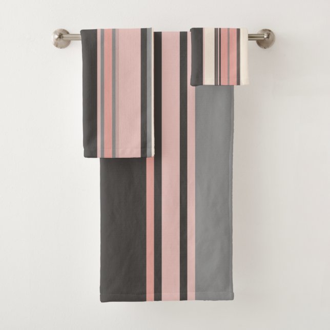 Pink and Gray Mid-century Modern Stripes  Bath Towel Set (Insitu)