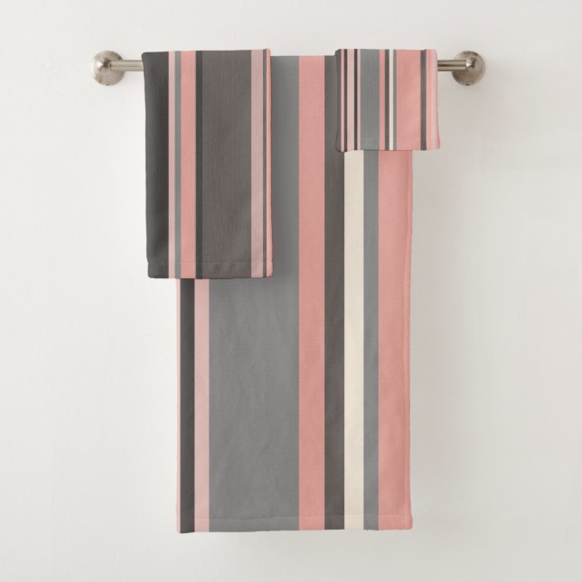 Pink and Gray Mid-century Modern Stripes   Bath Towel Set (Insitu)