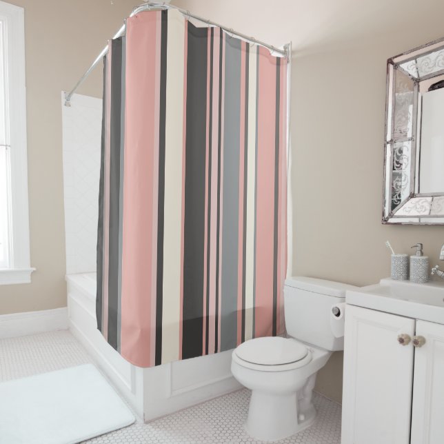 Pink and Gray Mid-century Modern Stripes   Shower Curtain (In Situ)
