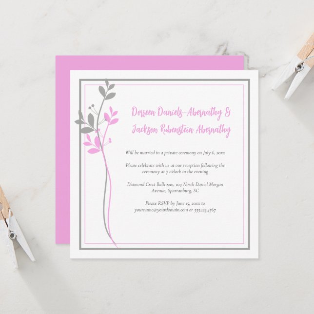 Pink and Gray Modern Botanical Reception Only | Invitation (Front/Back In Situ)