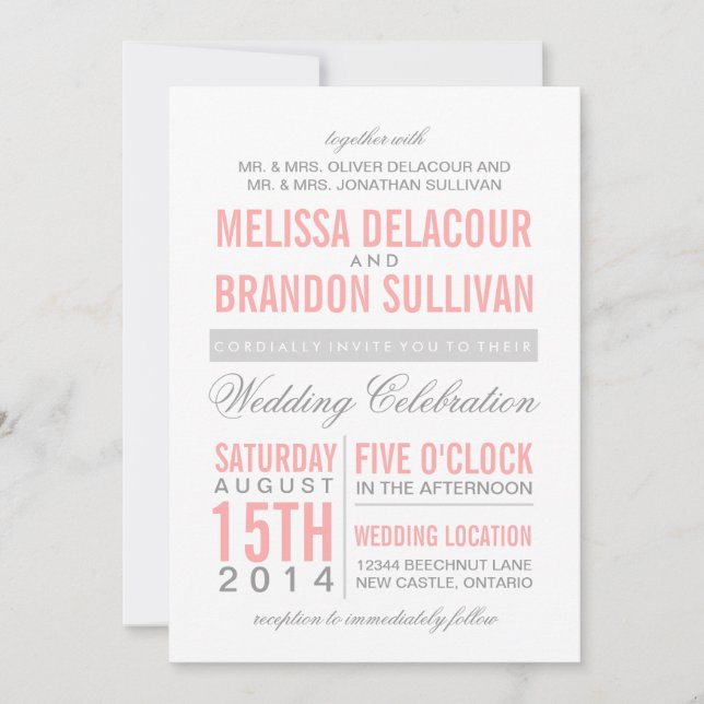 Pink and Gray Modern Typography Wedding Invitation (Front)