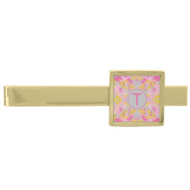 Pink and Gray Monogram Gold Finish Tie Bar (Front)