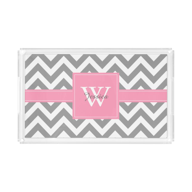 Pink and Gray Monogrammed Chevrons Pattern Acrylic Tray (Front)