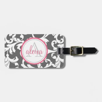 Pink And Gray Monogrammed Damask Print Luggage Tag by Letsrendevoo at Zazzle