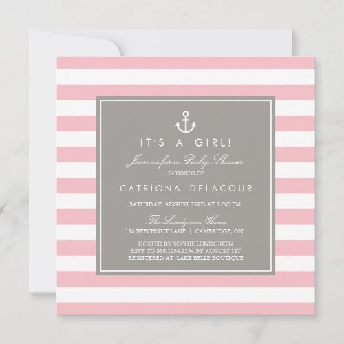 Pink and Gray  Nautical Baby Shower Invitation