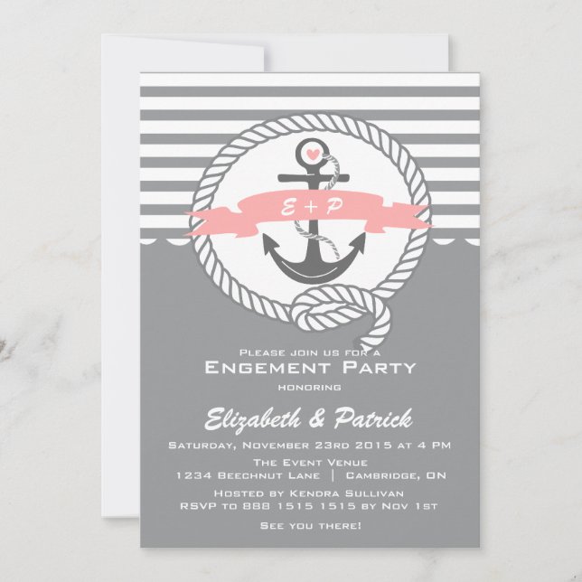 Pink and Gray Nautical Engagement Party Invitation (Front)