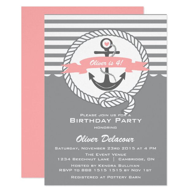 Pink And Gray Nautical Kids Birthday Invitation