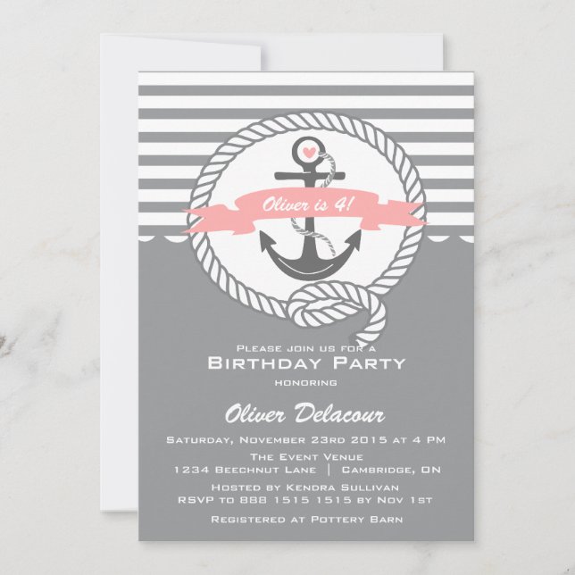Pink and Gray Nautical Kids Birthday Invitation (Front)