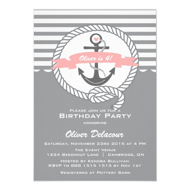 Pink And Gray Nautical Kids Birthday Invitation