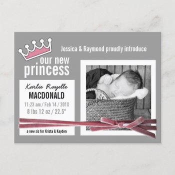 Pink And Gray New Baby Girl With Photo Announcement Postcard by PartyHearty at Zazzle