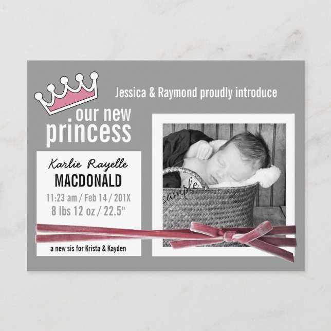 Pink and Gray New Baby Girl with Photo Announcement Postcard (Front)