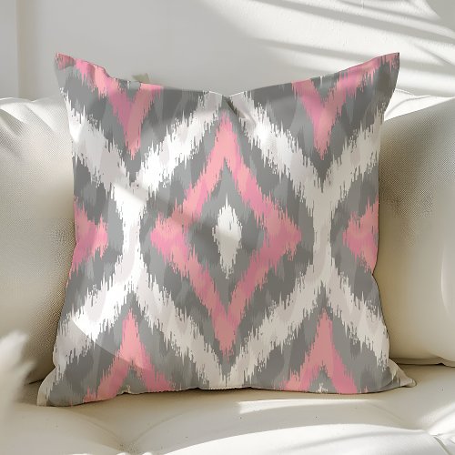 Pink And Gray Ogee Ikat Pattern Throw Pillow