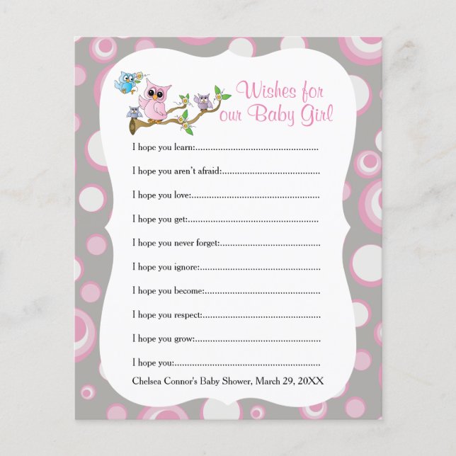 Pink and Gray Owl Baby Shower - Wishes (Front)