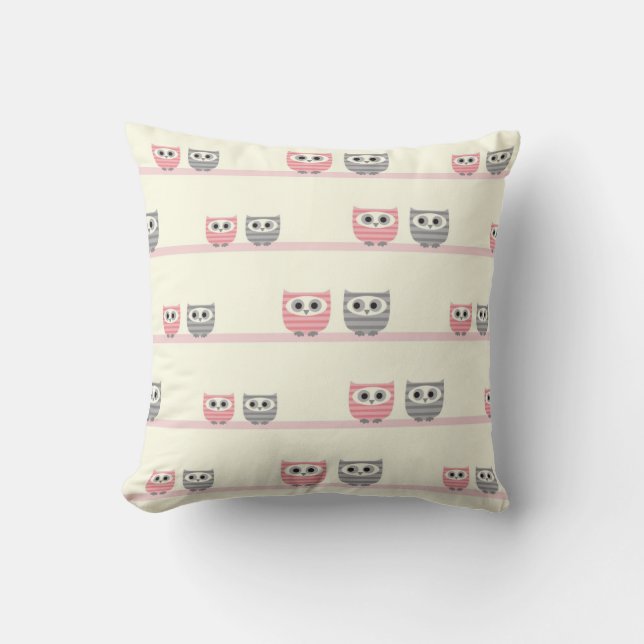 Pink and Gray Owls and Trees MOJO Pillow (Front)