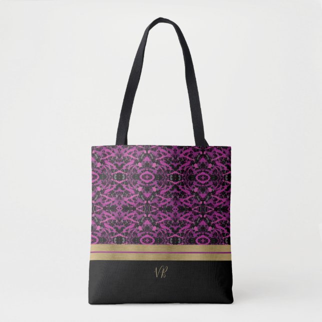 Pink and Gray Paint Splatter Monogrammed Tote Bag (Front)