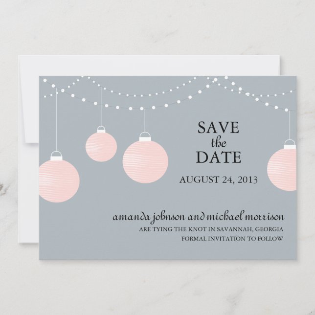 Pink and Gray Paper Lantern Wedding Save the Date (Front)