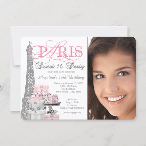 Pink and Gray Paris Sweet 16 Birthday Party Invitation