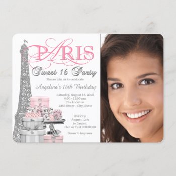 Pink And Gray Paris Sweet 16 Birthday Party Invitation by Pure_Elegance at Zazzle
