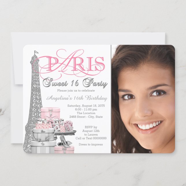 Pink and Gray Paris Sweet 16 Birthday Party Invitation (Front)