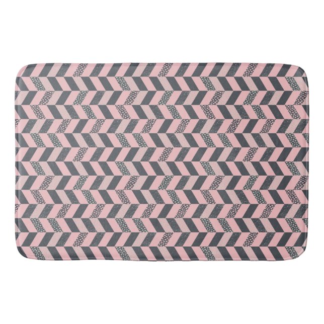 Pink and Gray Patterned Herringbone Bath Mat (Front)