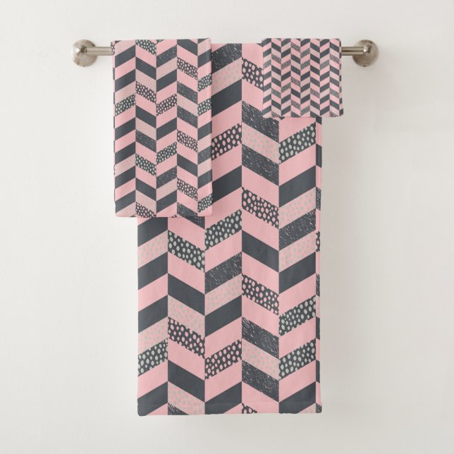 Pink and Gray Patterned Herringbone Bath Towel Set (Insitu)