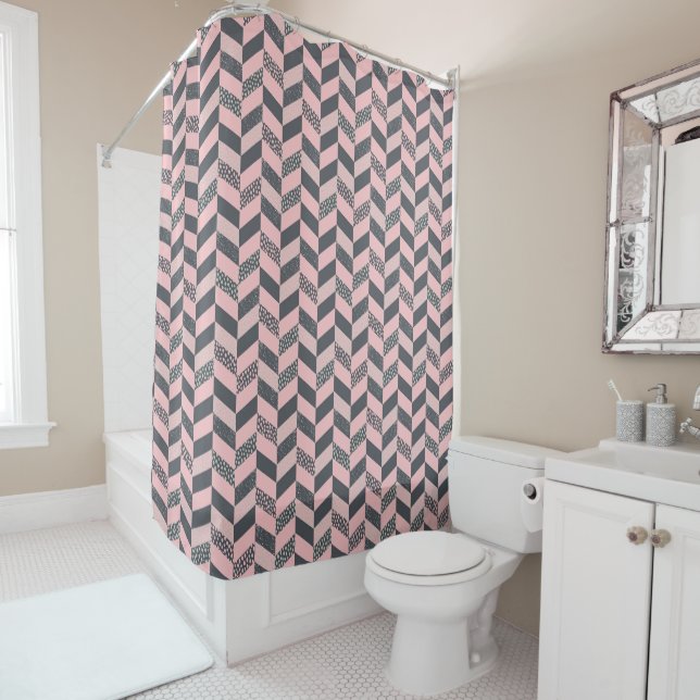 Pink and Gray Patterned Herringbone Shower Curtain (In Situ)