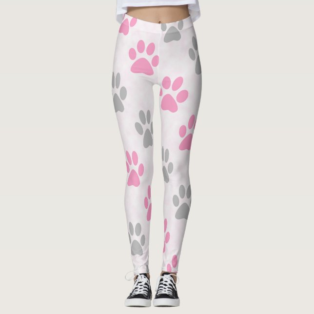 Pink and gray paw prints pattern leggings (Front)